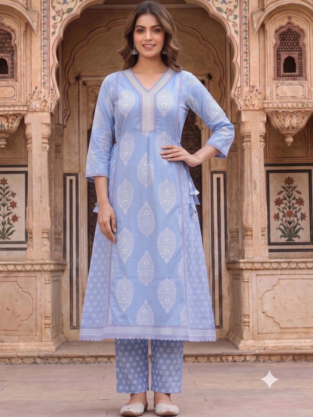 KALINI Women Ethnic Motifs Printed Angrakha Sequinned Pure Cotton Kurta with Trousers & With Dupatta thumbnail 7