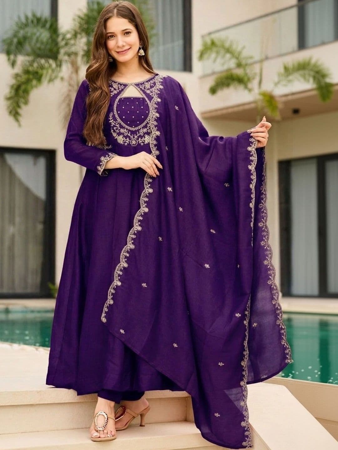 Sangria Women Ethnic Motifs Embroidered Empire Thread Work Kurta with Trousers & With Dupatta thumbnail 4