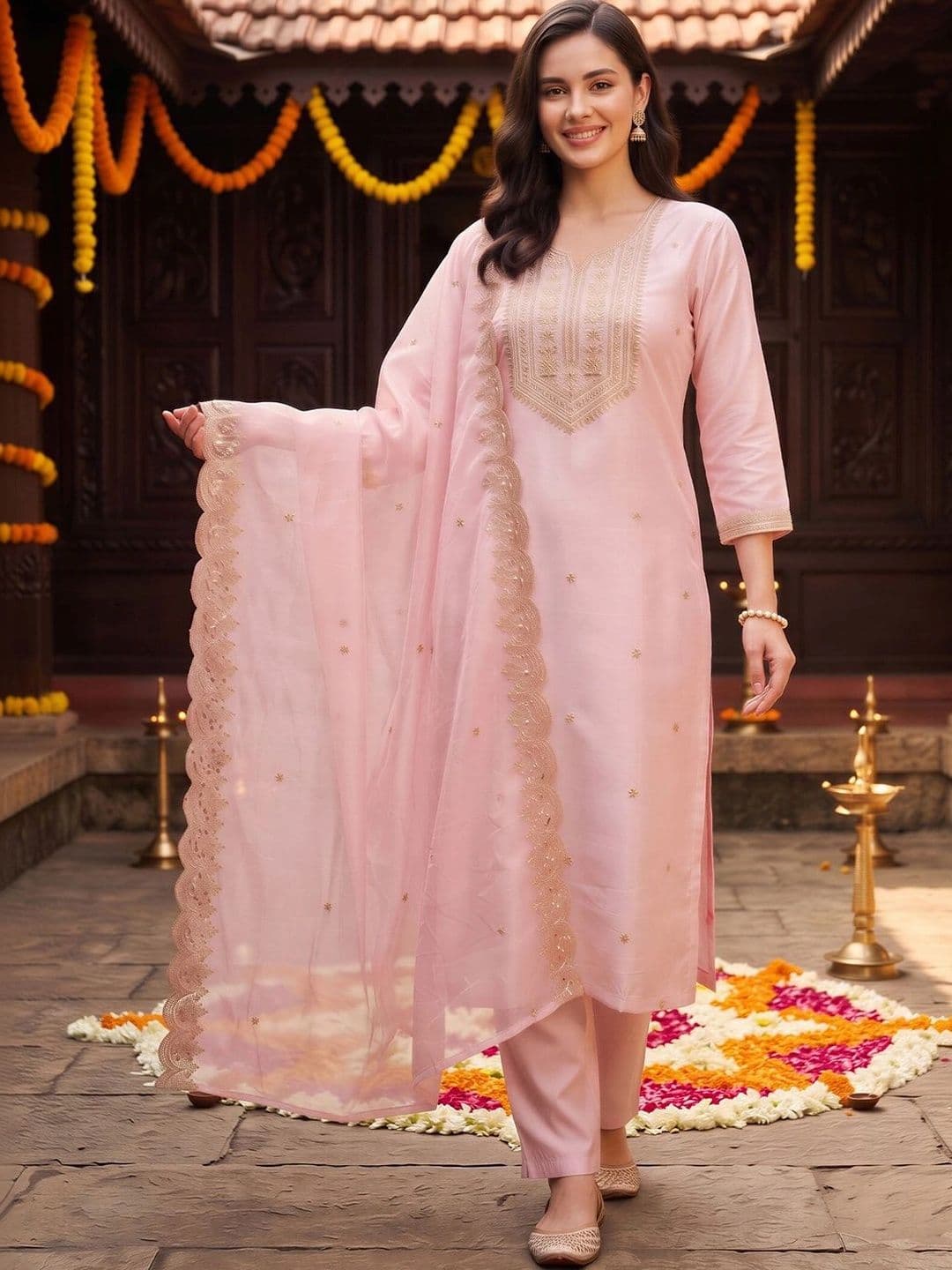 Indo Era Women Ethnic Motifs Embroidered Regular Thread Work Kurta with Trousers & With Dupatta - view 1