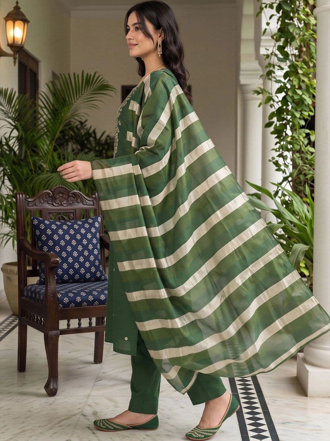 Indo Era Women Ethnic Motifs Embroidered Regular Thread Work Kurta with Trousers & With Dupatta thumbnail 5