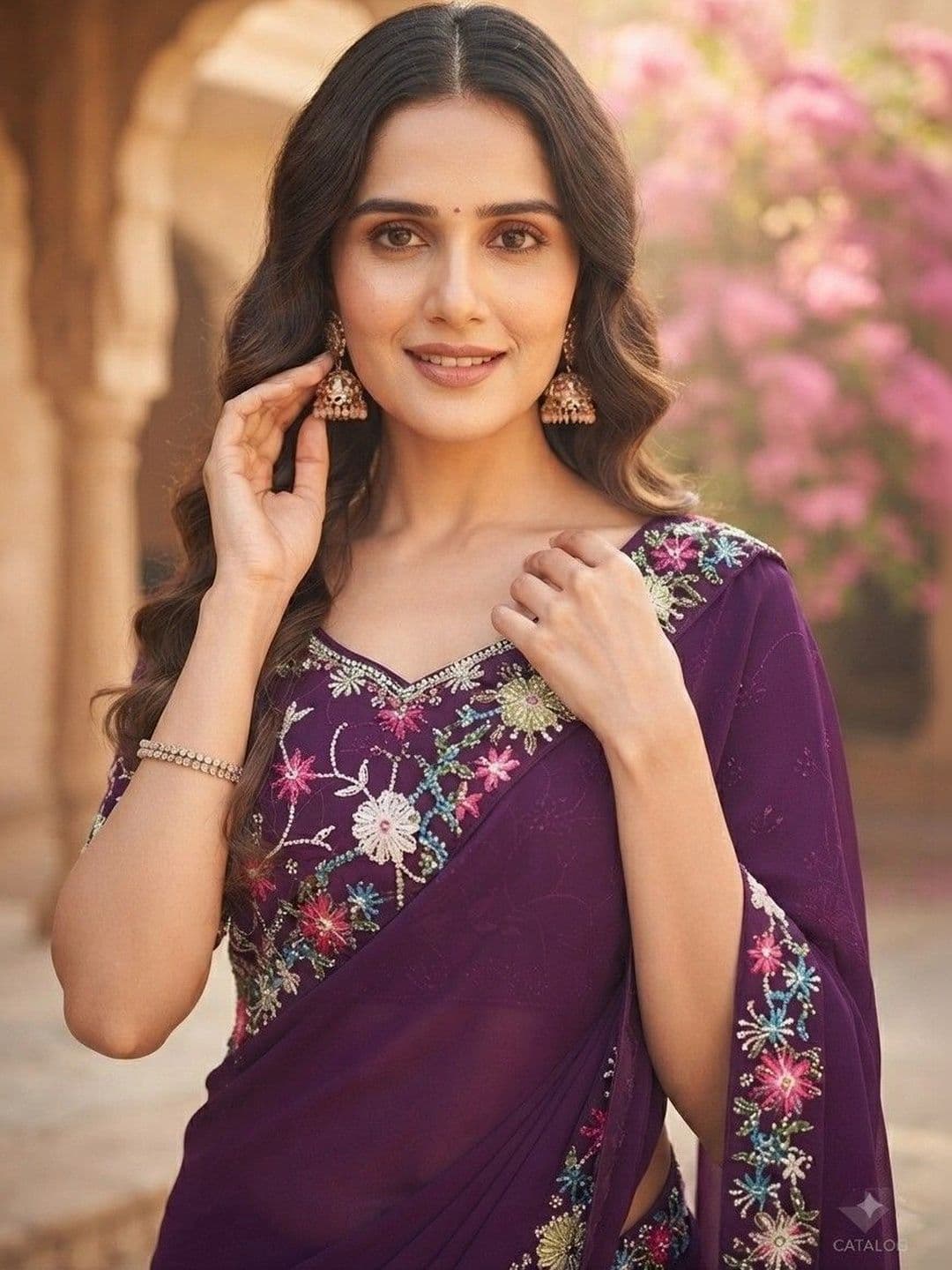SmileyFashion Women Floral Embroidered Art Silk Saree thumbnail 3