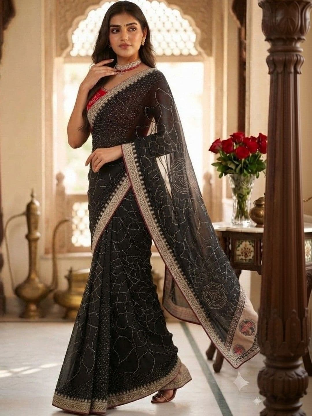 SmileyFashion Embellished Embroidered Art Silk Designer Saree thumbnail 2