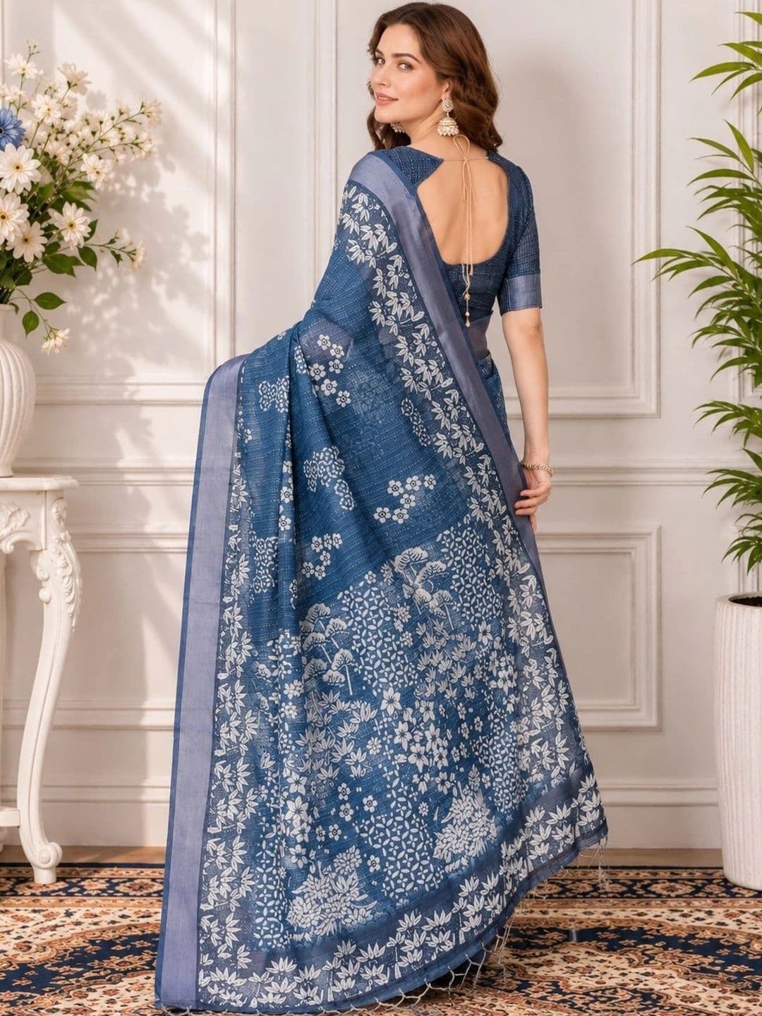 V3 FASHION STUDIO Floral Zari Linen Blend Block Print Saree thumbnail 6