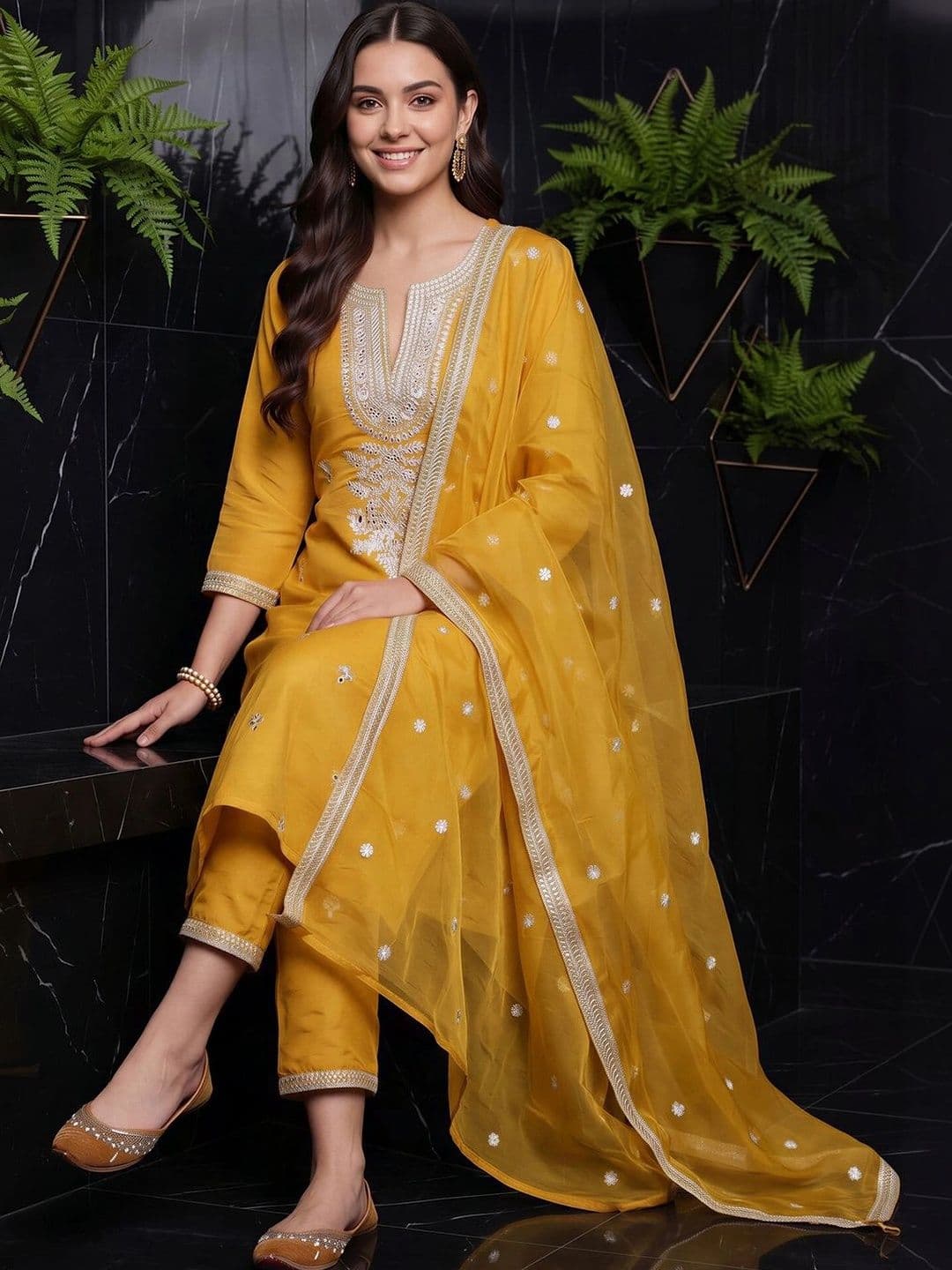 Indo Era Women Ethnic Motifs Embroidered Regular Thread Work Kurta with Trousers & With Dupatta thumbnail 2