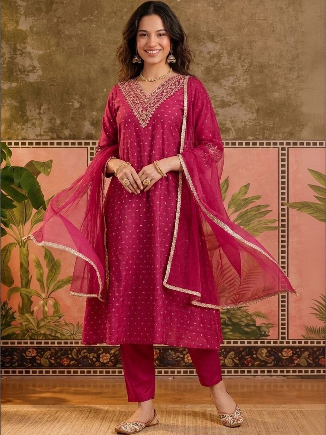 Sangria Women Ethnic Motifs Embroidered Regular Gotta Patti Pure Silk Kurta with Trousers & With Dupatta - view 1