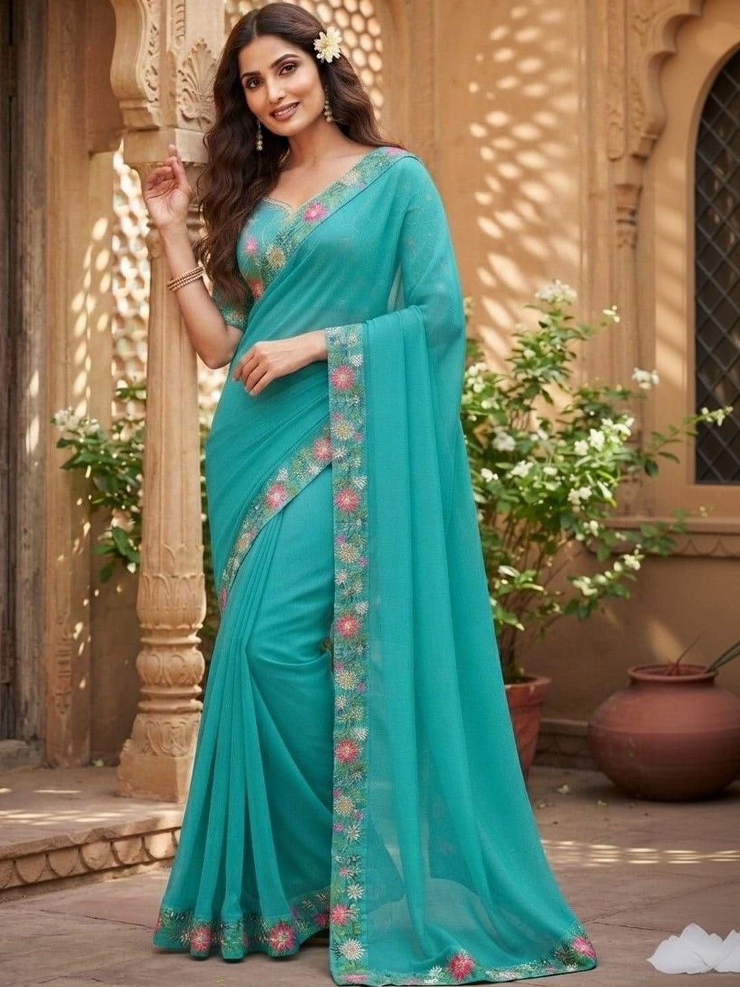 SmileyFashion Floral Embroidered Art Silk Saree - view 1