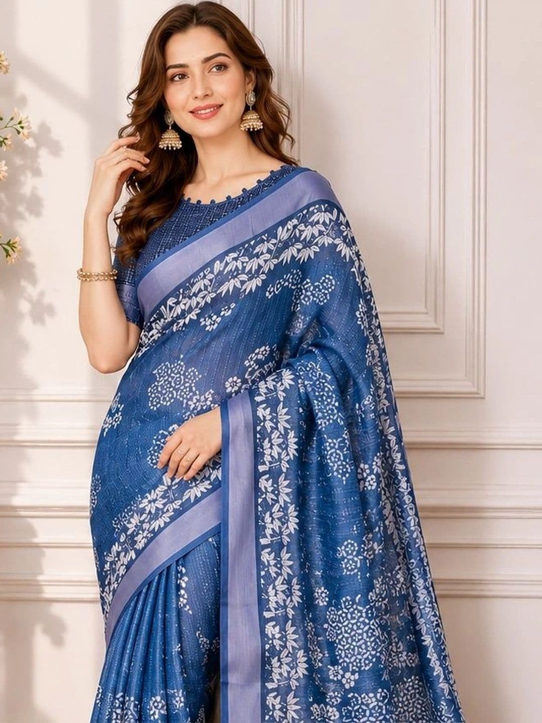 V3 FASHION STUDIO Floral Zari Linen Blend Block Print Saree thumbnail 4