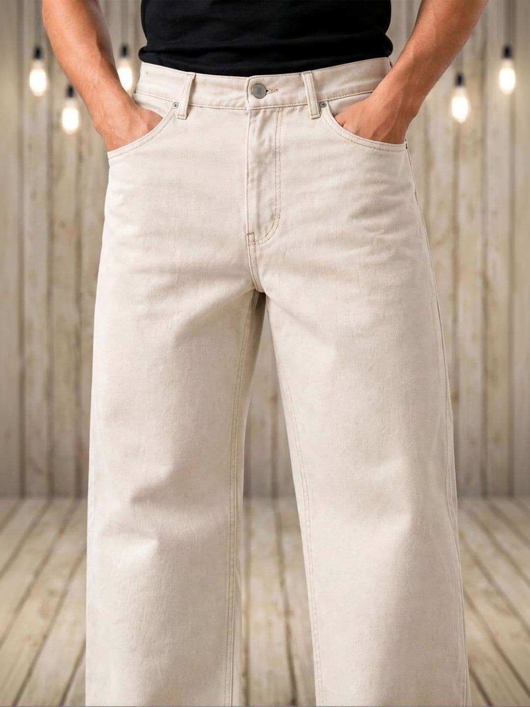 HERE&NOW Men's Off-White Solid Wide-Leg Jeans thumbnail 3