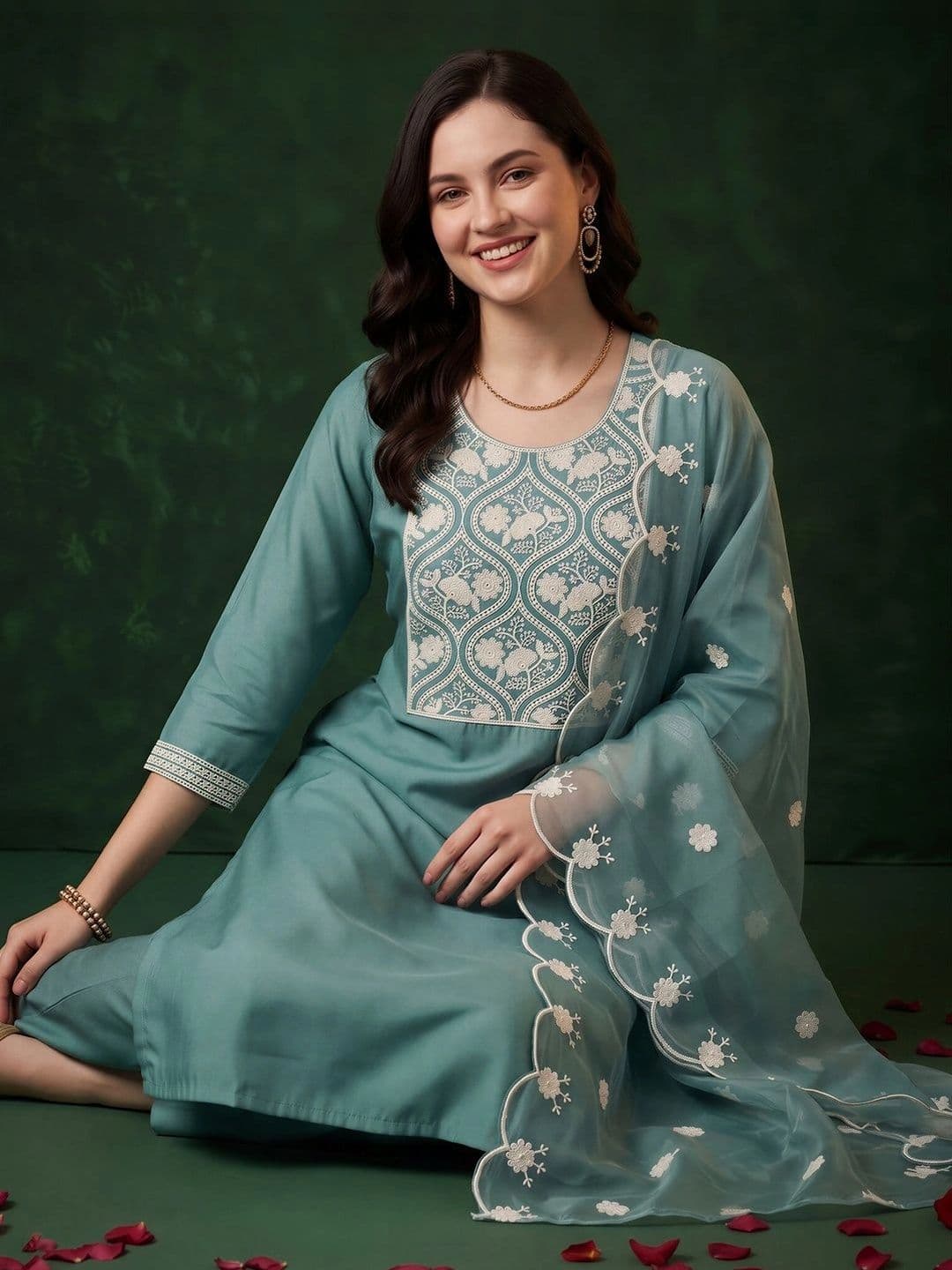 Indo Era Women Ethnic Motifs Embroidered Regular Thread Work Kurta with Trousers & With Dupatta thumbnail 3