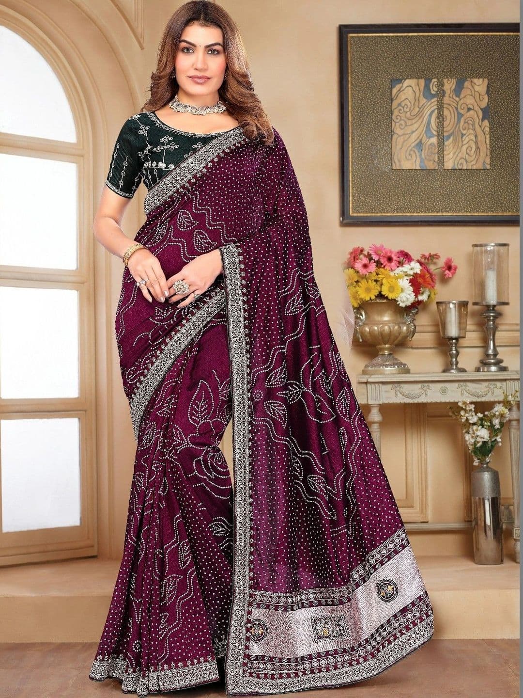 SmileyFashion Bandhani Embroidered Art Silk Designer Saree - view 1