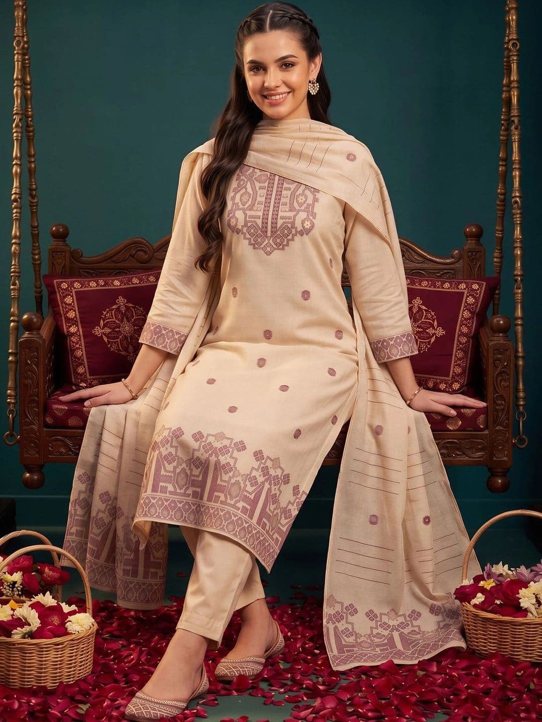 Indo Era Women Ethnic Motifs Embroidered Regular Thread Work Chanderi Silk Kurta with Trousers & With Dupatta thumbnail 3