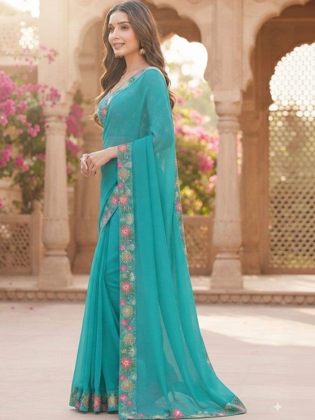 SmileyFashion Floral Embroidered Art Silk Saree thumbnail 5