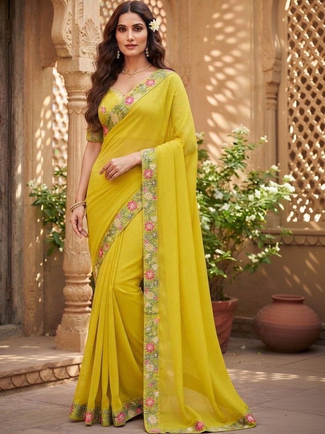 SmileyFashion Floral Embroidered Art Silk Saree - view 1