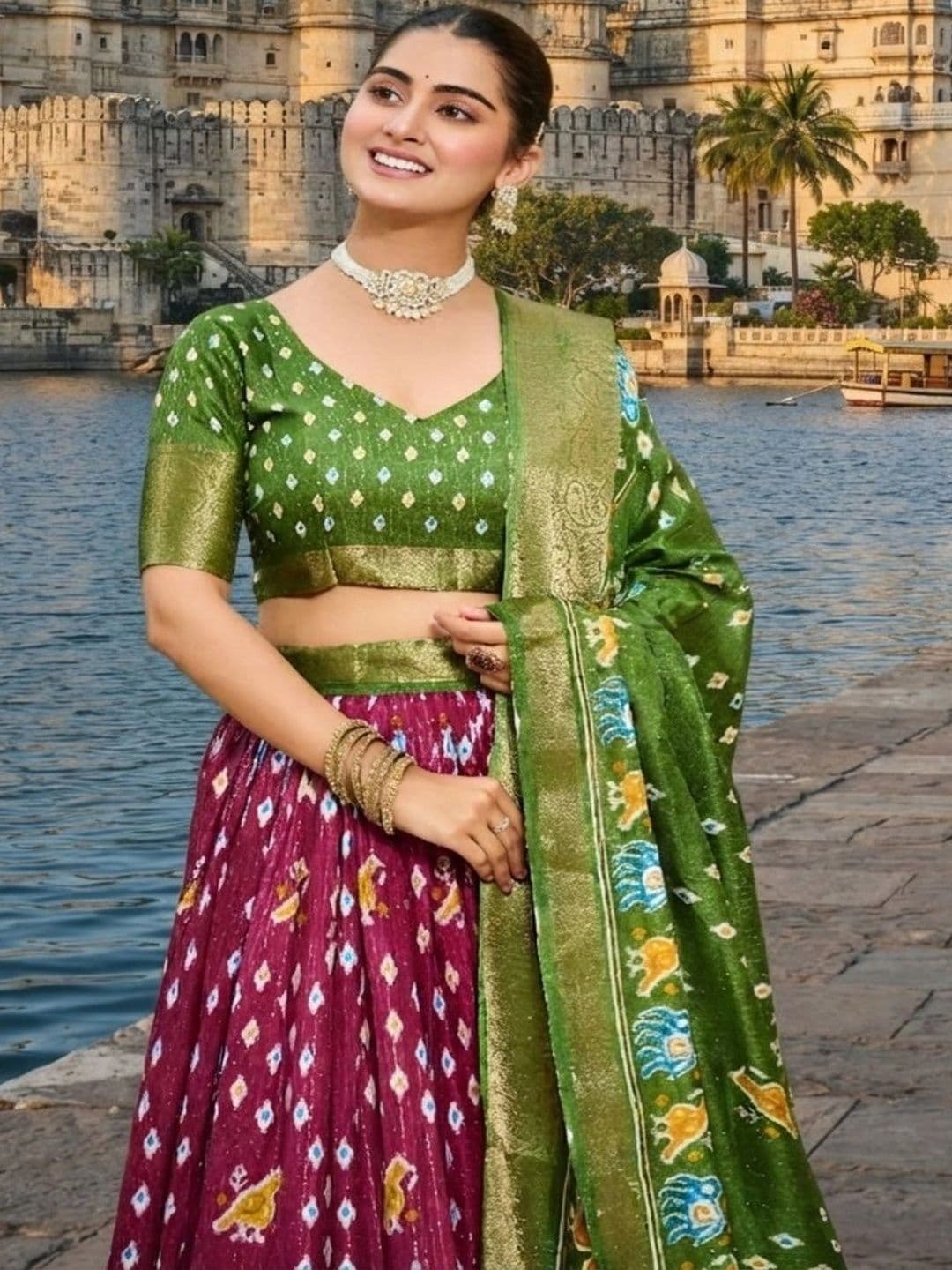 Anouk Ikat Semi-Stitched Lehenga & Unstitched Blouse With Dupatta thumbnail 5