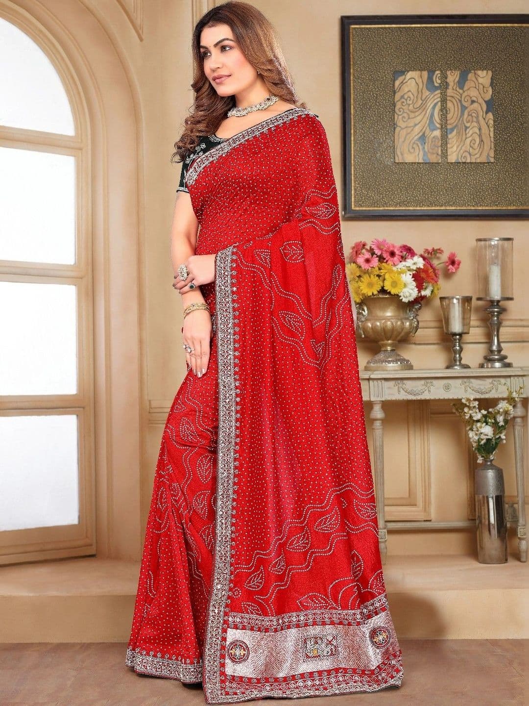 SmileyFashion Bandhani Embroidered Art Silk Designer Saree thumbnail 2