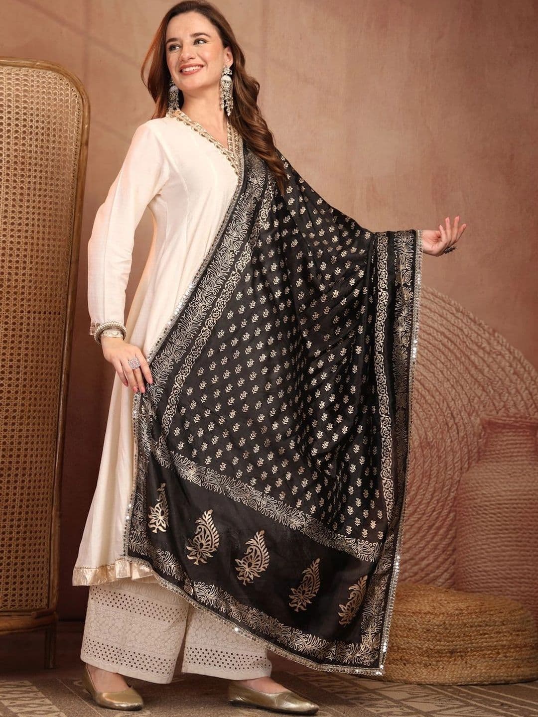 Clora Creation Ethnic Motifs Printed Foil Print Dupatta with Mirror Work thumbnail 4