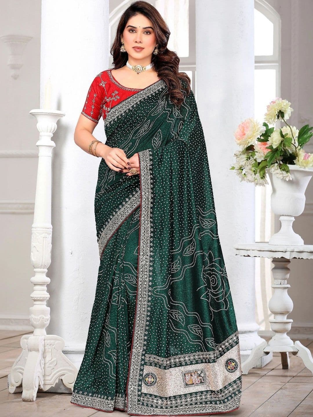 SmileyFashion Bandhani Embroidered Art Silk Designer Saree - view 1