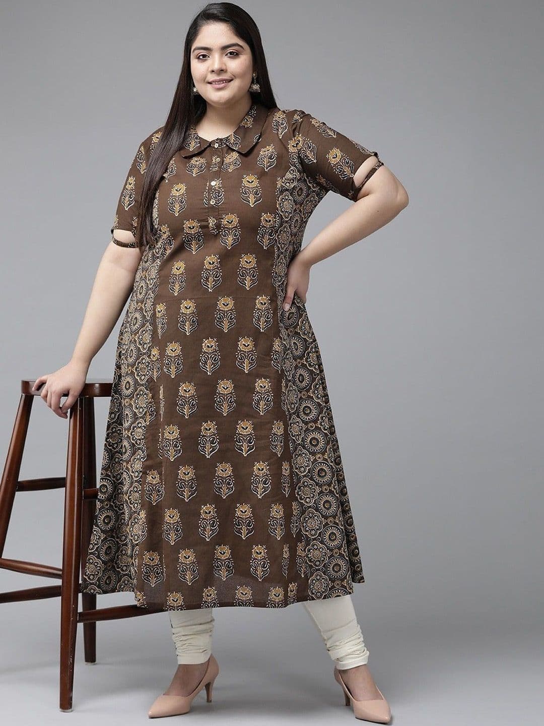 KALINI Plus Size Floral Printed Shirt Collar Cotton A Line Kurta thumbnail 4