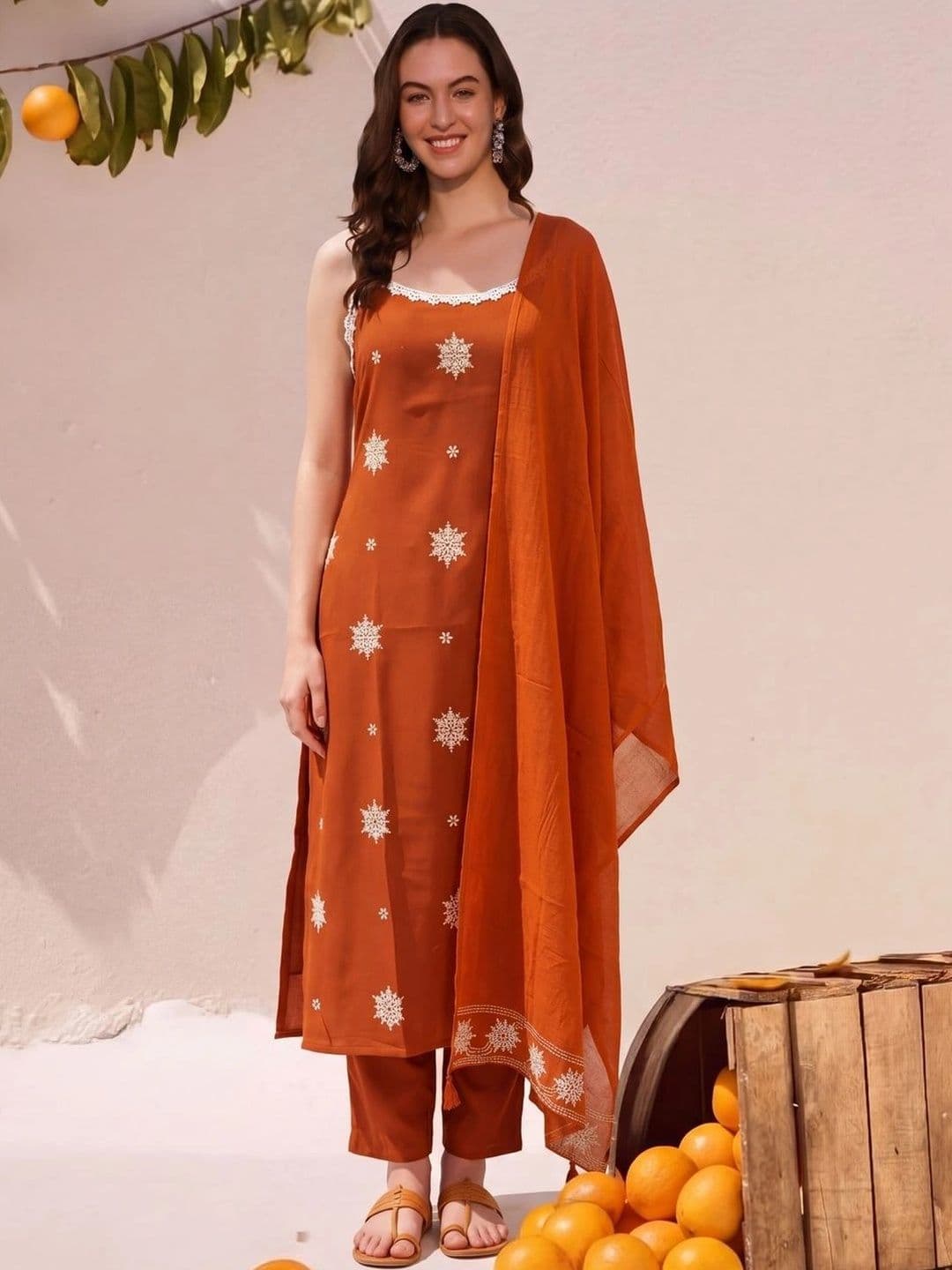 SHREE KHODAL FASHION Women Ethnic Motifs Embroidered Regular Thread Work Pure Cotton Kurta with Trousers & thumbnail 4