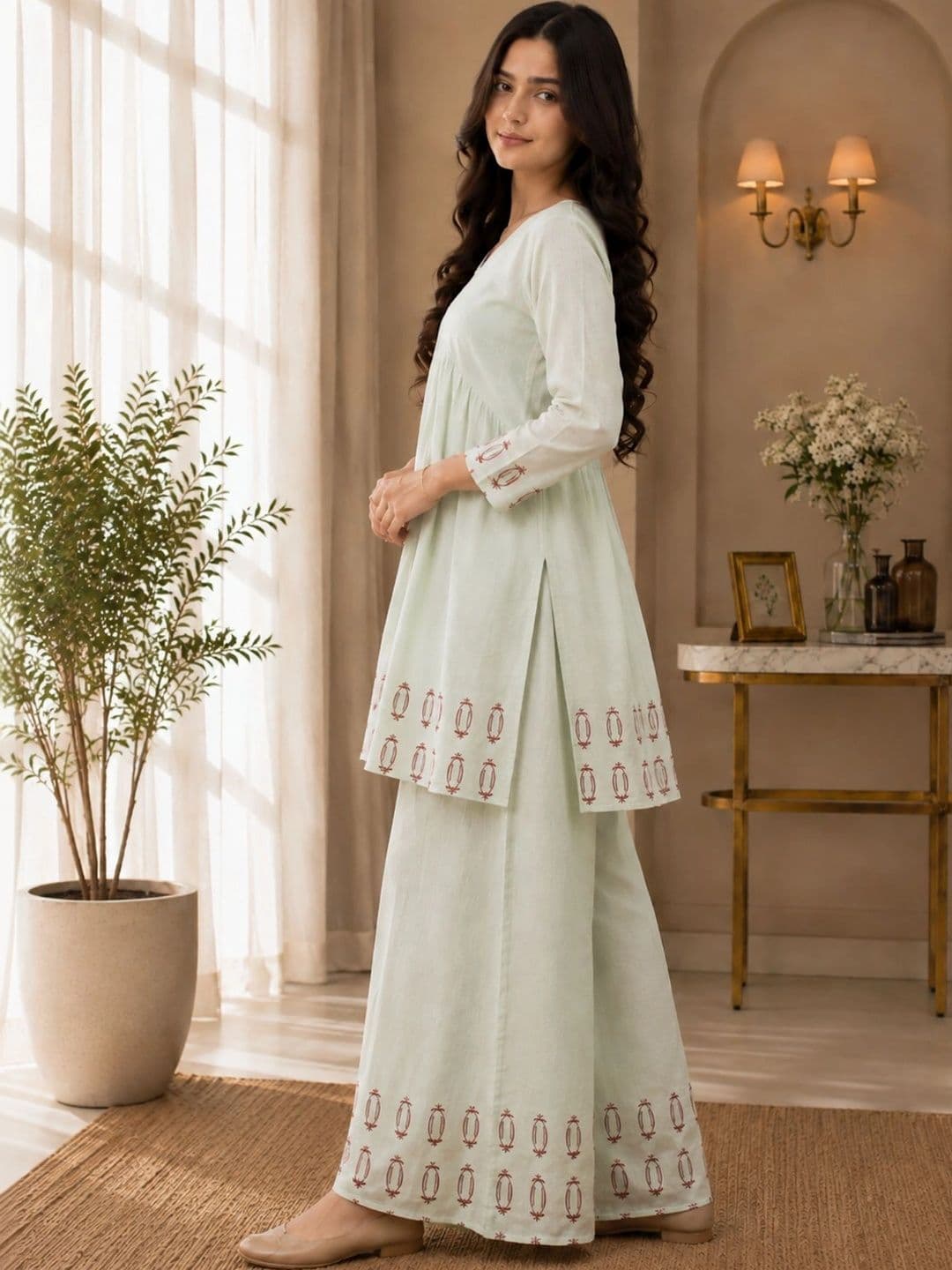 KALINI Women Ethnic Motifs Printed Empire Pure Cotton Kurti with Palazzos thumbnail 5
