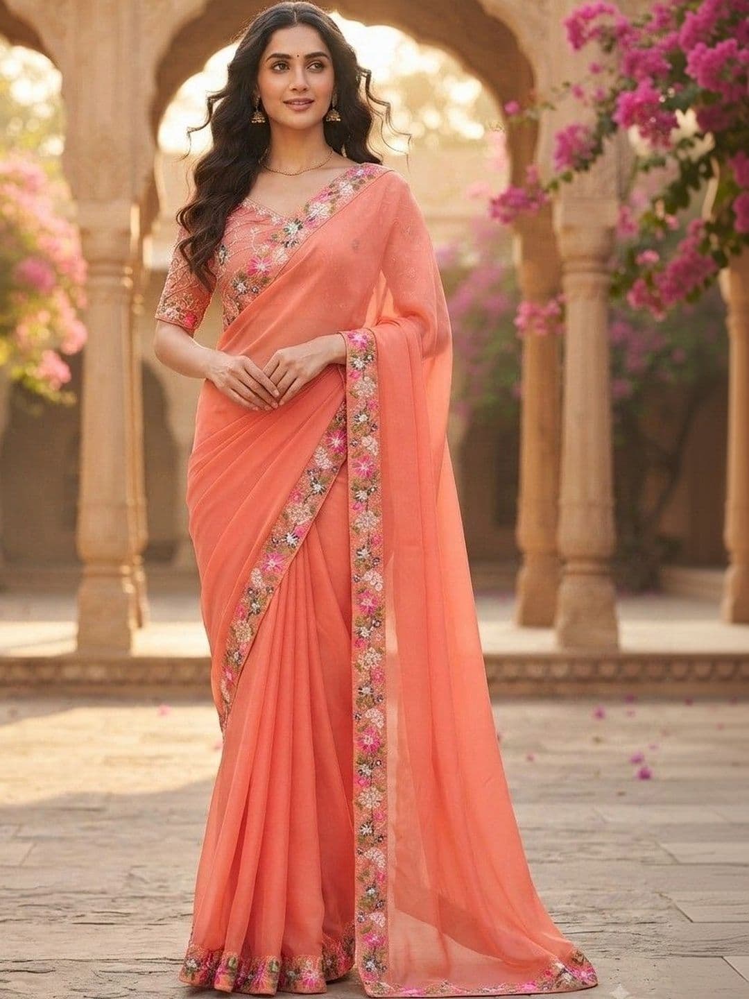 SmileyFashion Floral Embroidered Art Silk Saree - view 1