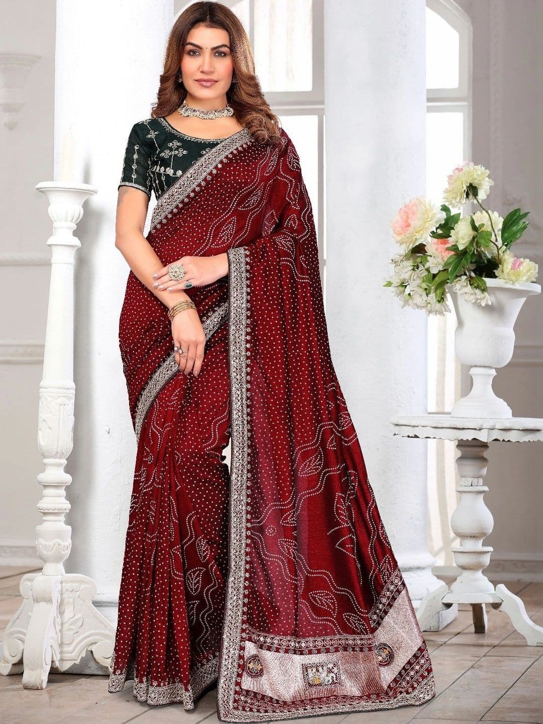 SmileyFashion Bandhani Embroidered Art Silk Designer Saree thumbnail 6