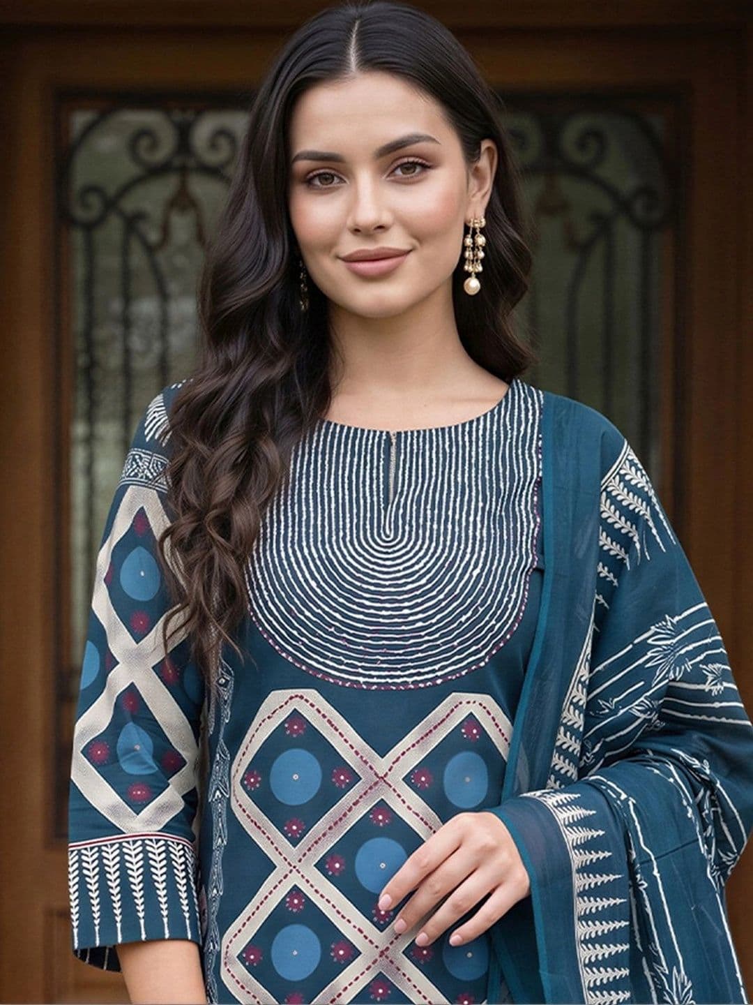 Indo Era Women Printed Regular Pure Cotton Kurta with Trousers & With Dupatta thumbnail 2