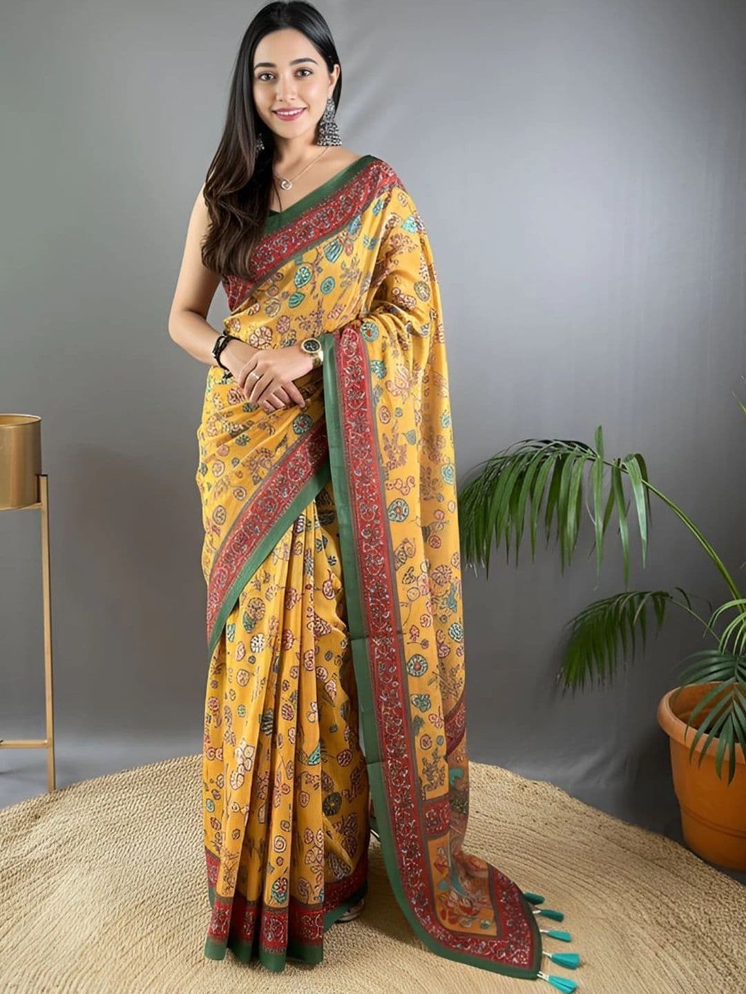 Mitera Women Kalamkari Printed Saree with Blouse Piece - view 1