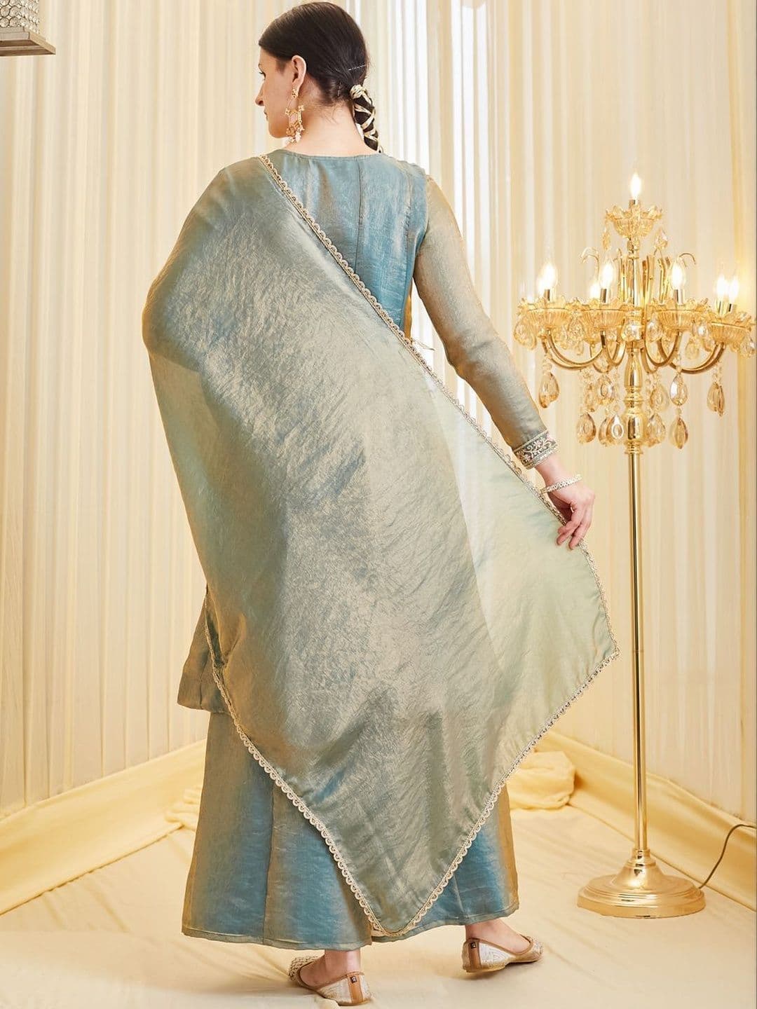 MOKOSH Women Silk Embroidered Anarkali Kurta and Sharara with Dupatta Set thumbnail 3
