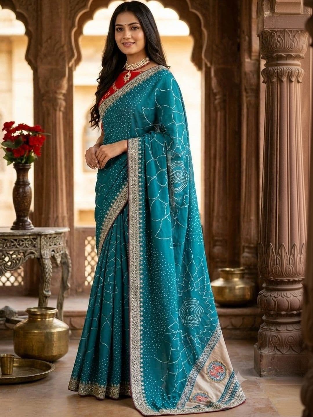 SmileyFashion Bandhani Embroidered Art Silk Designer Saree thumbnail 4