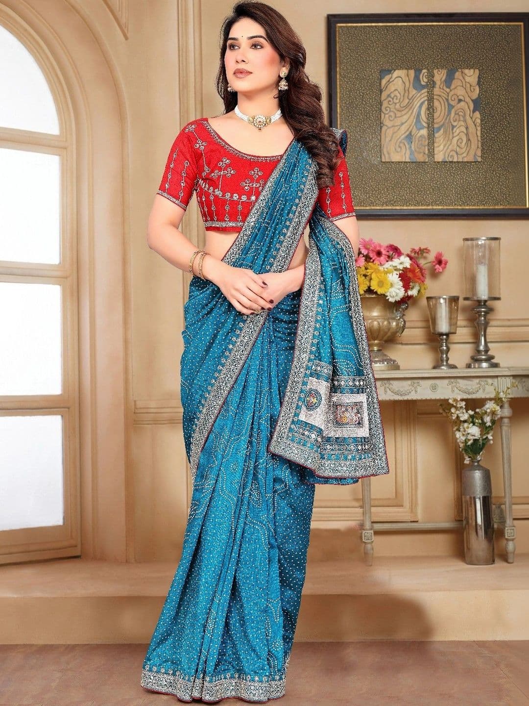 SmileyFashion Bandhani Embroidered Art Silk Designer Saree thumbnail 6