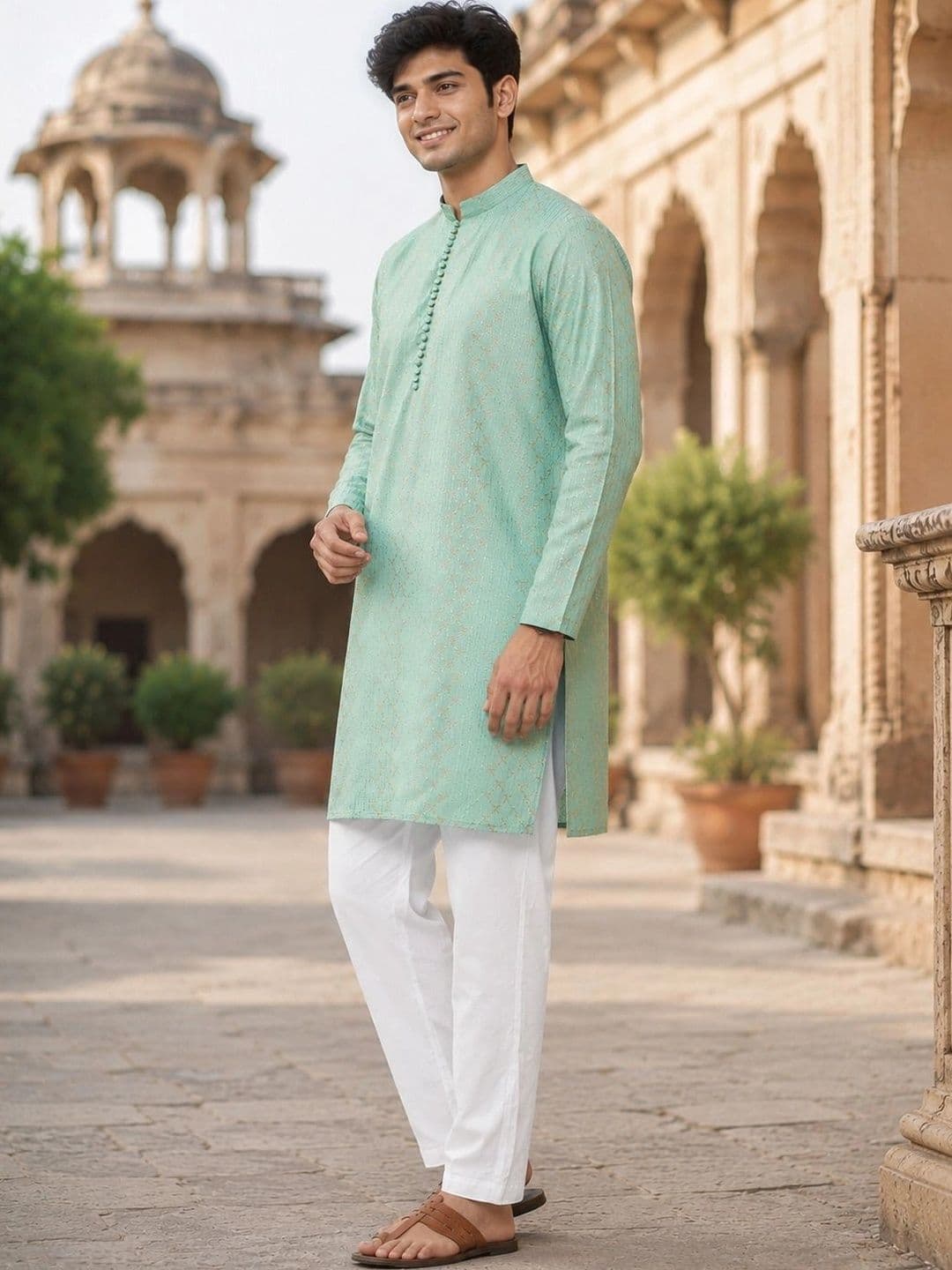 See Designs Mandarin Collar Geometric Embroidered Chanderi Silk Straight Kurta thumbnail 3