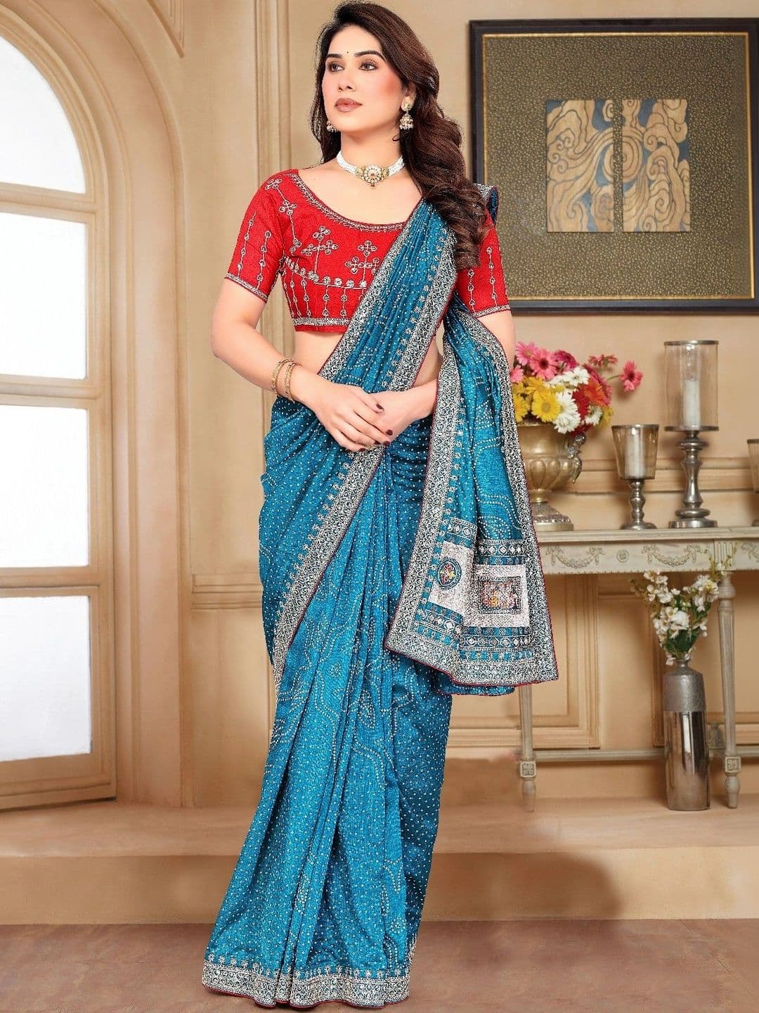SmileyFashion Bandhani Embroidered Art Silk Designer Saree thumbnail 3