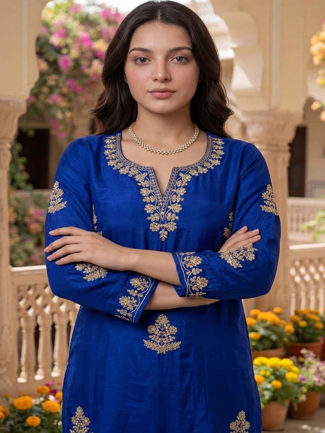 KALINI Women Ethnic Motifs Embroidered Regular Chanderi Silk Kurta with Trousers & Dupatta thumbnail 4