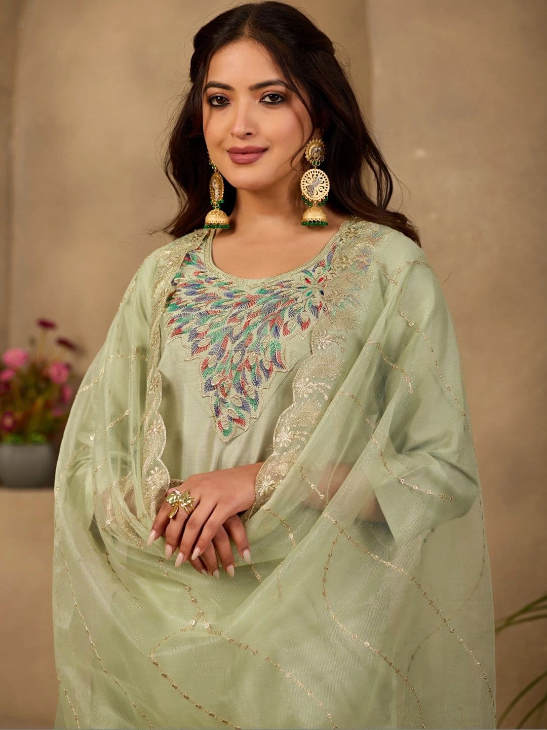 Sangria Women Ethnic Motifs Embroidered Regular Thread Work Kurta with Trousers & With Dupatta thumbnail 5