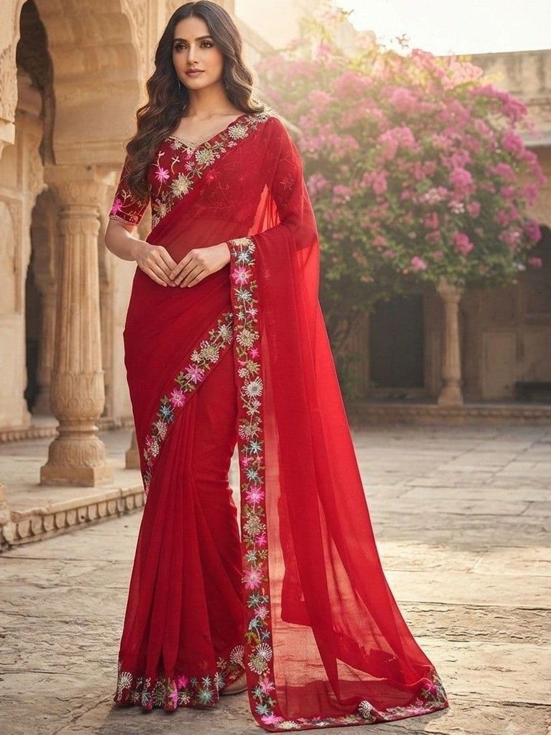 SmileyFashion Floral Art Silk Saree - view 1