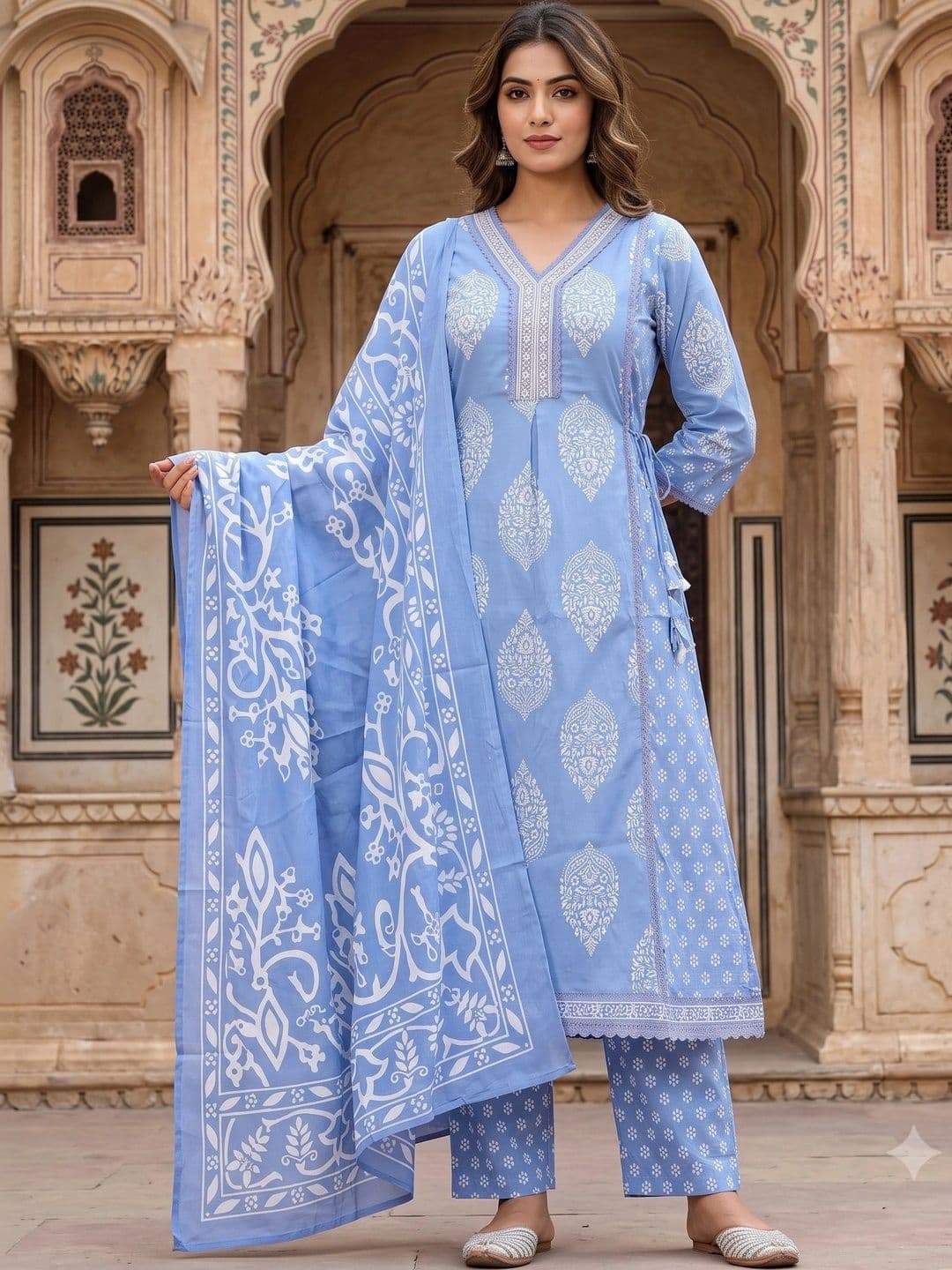 KALINI Women Ethnic Motifs Printed Angrakha Sequinned Pure Cotton Kurta with Trousers & With Dupatta - view 1
