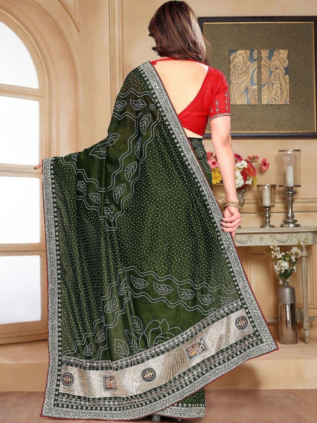 SmileyFashion Bandhani Embroidered Art Silk Designer Saree thumbnail 4