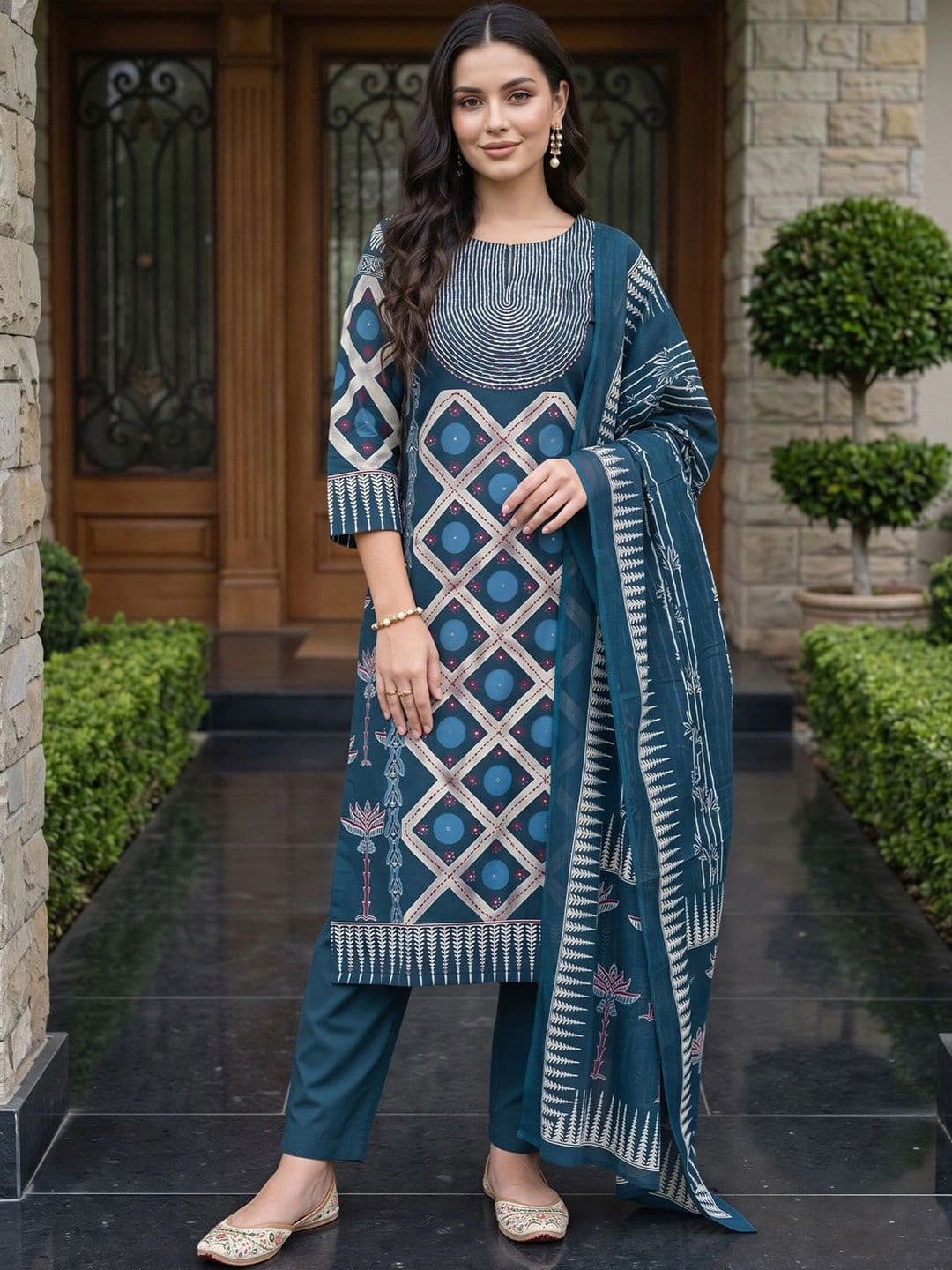 Indo Era Women Printed Regular Pure Cotton Kurta with Trousers & With Dupatta thumbnail 6