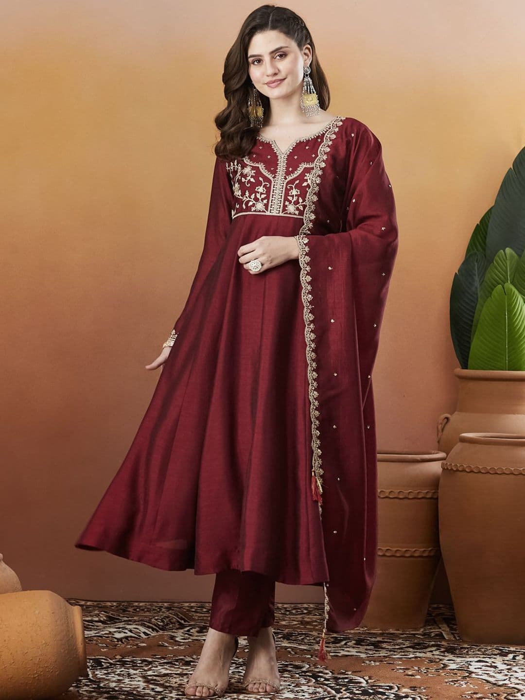 MOKOSH Women Silk Embroidered Anarkali Kurta And Pant Set With Dupatta - view 1