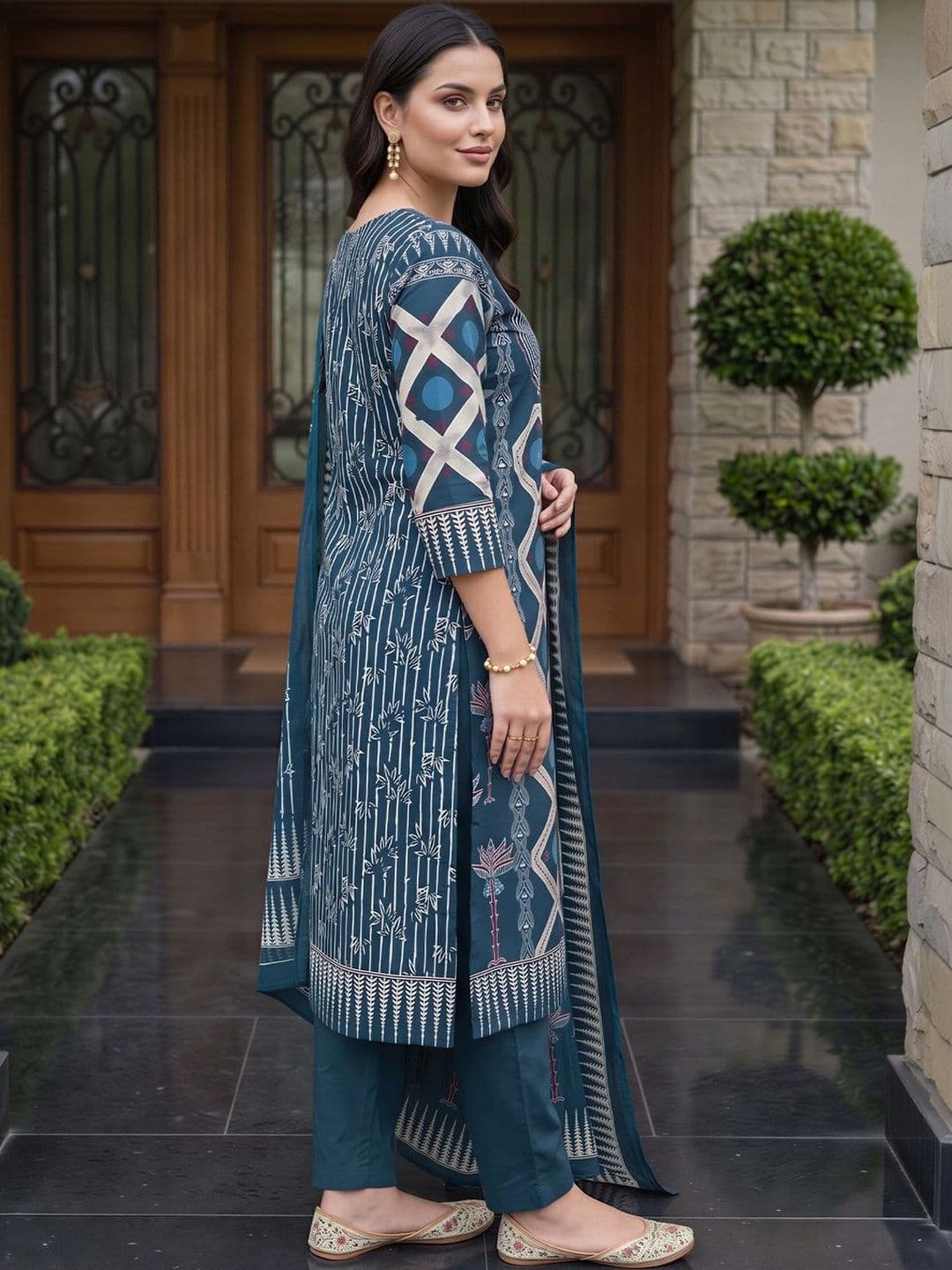 Indo Era Women Printed Regular Pure Cotton Kurta with Trousers & With Dupatta thumbnail 4