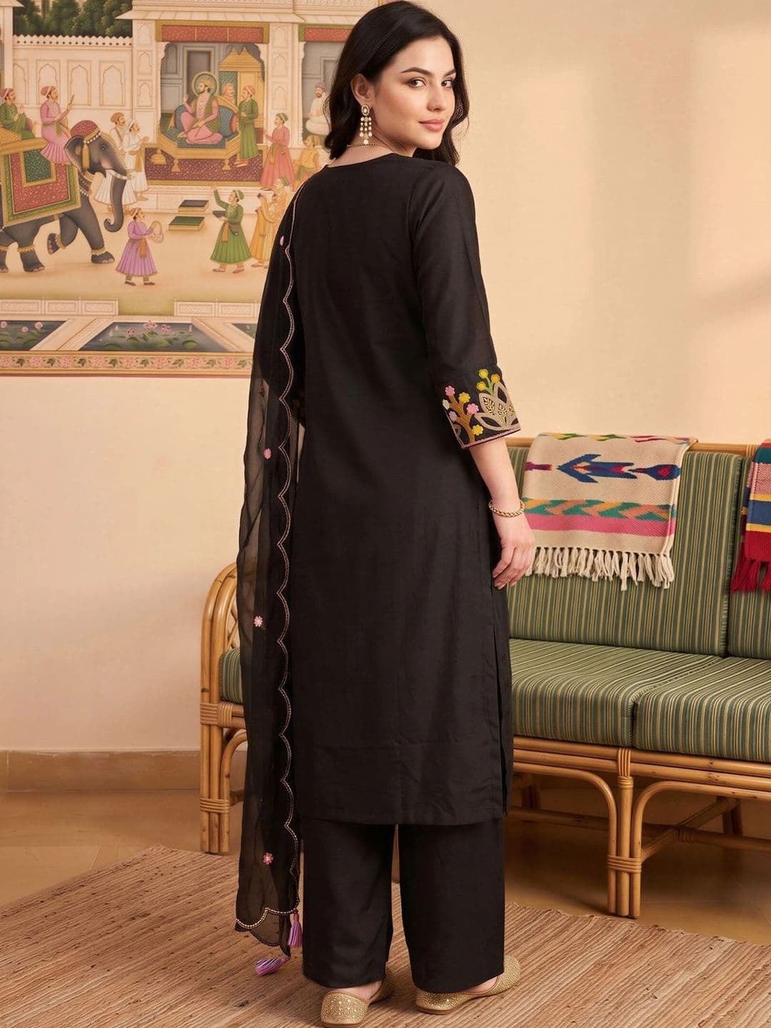 Indo Era Women Floral Embroidered Regular Thread Work Liva Kurta with Trousers & With Dupatta thumbnail 2