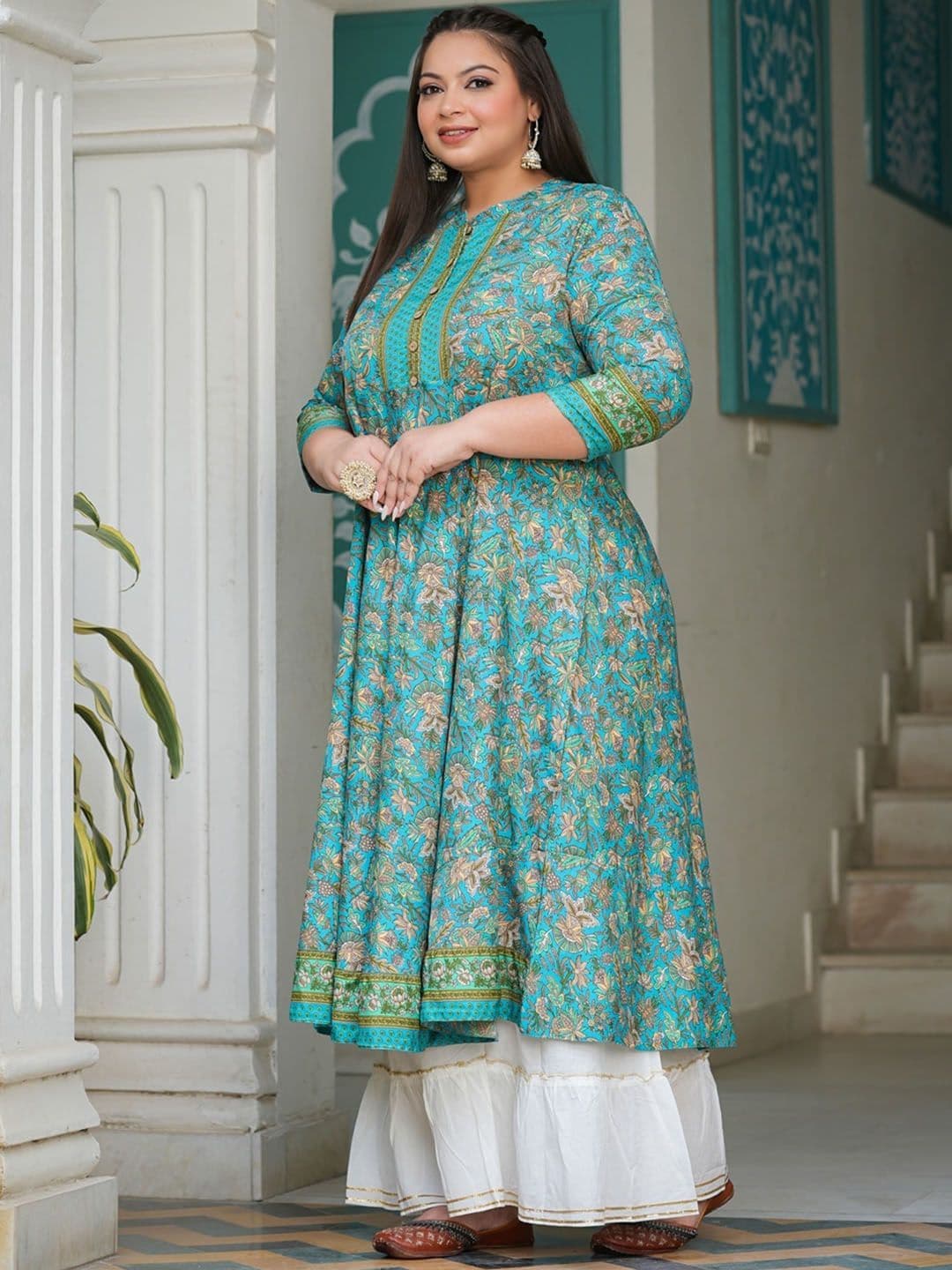 KALINI Plus Size Floral Printed Thread Work Anarkali Kurta thumbnail 6