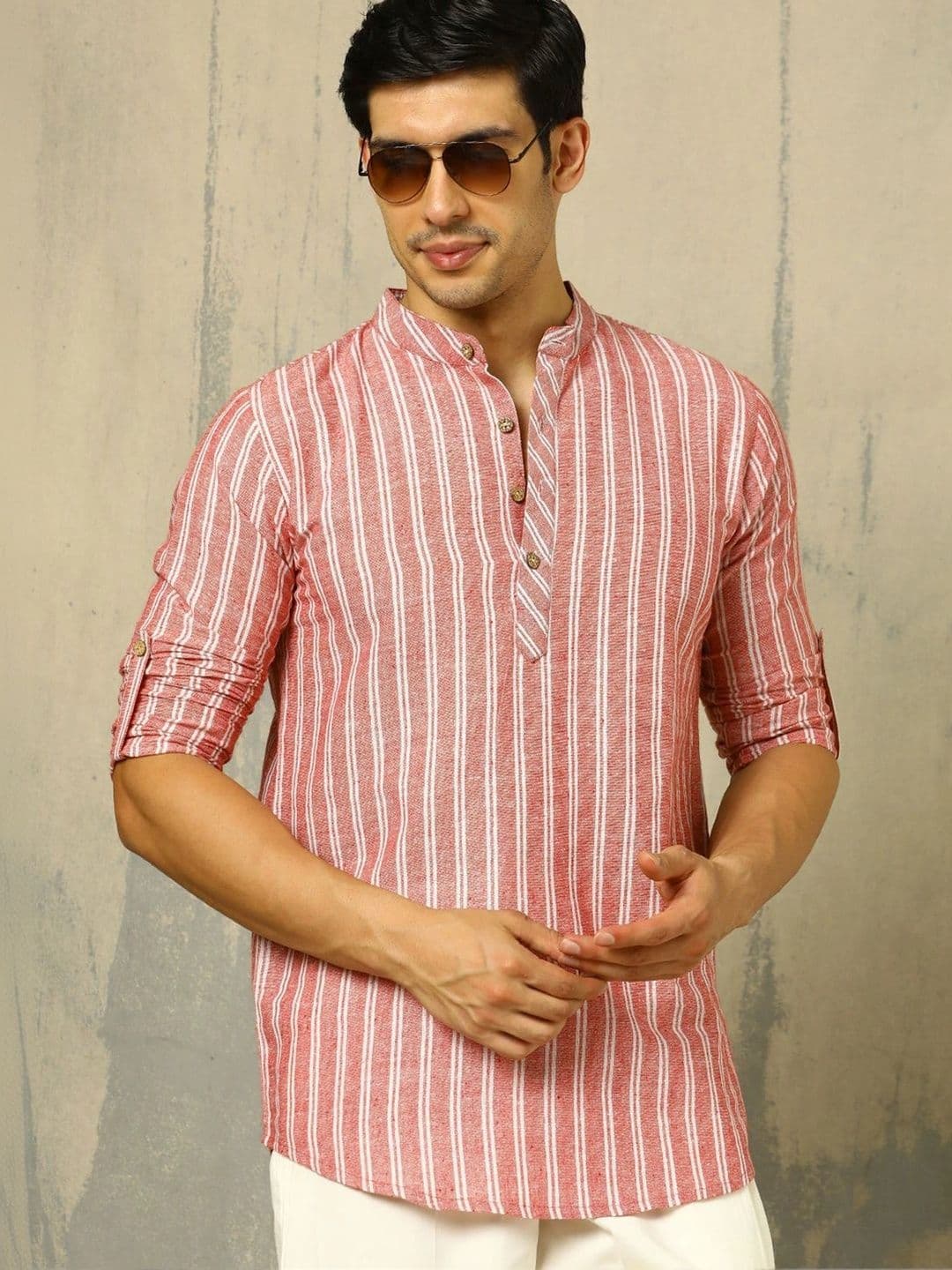 Anouk Woven Design Striped Cotton Handloom Mandarin Collar Short Kurta - view 1