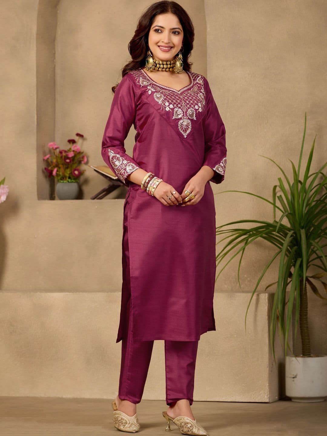 Sangria Embroidered Tunic with Trousers thumbnail 6