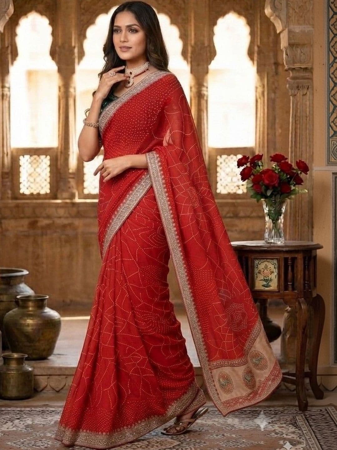 SmileyFashion Bandhani Embroidered Art Silk Designer Saree thumbnail 4