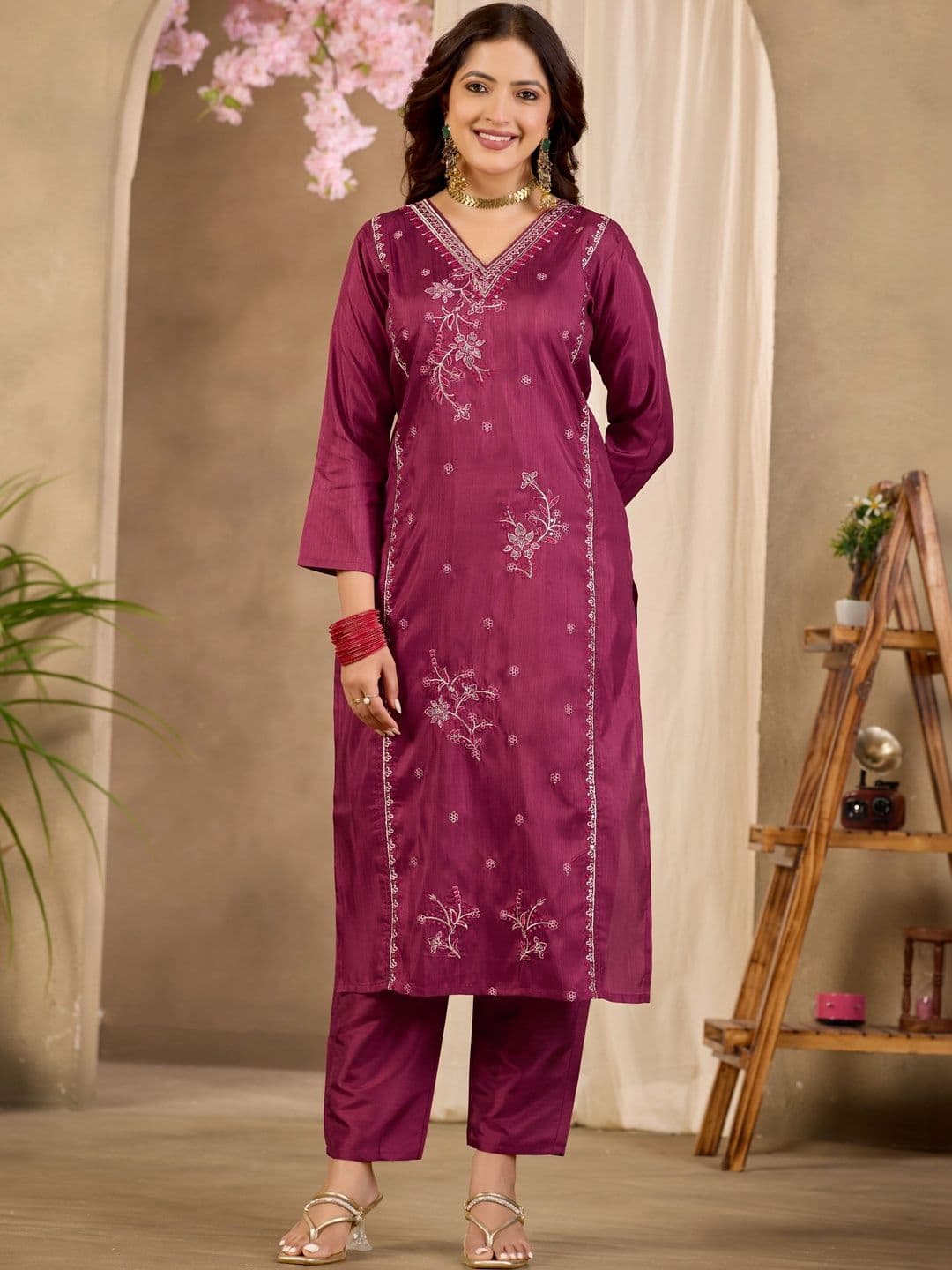 Sangria Floral Embroidered Tunic with Trousers thumbnail 3
