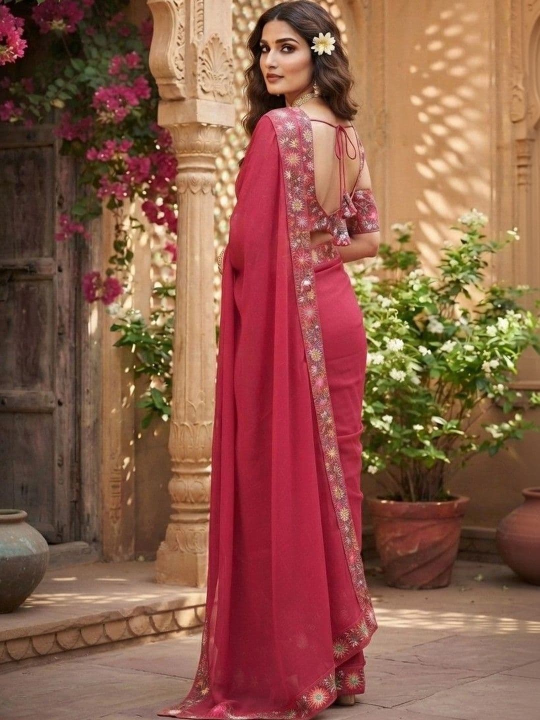 SmileyFashion Floral Art Silk Saree thumbnail 3