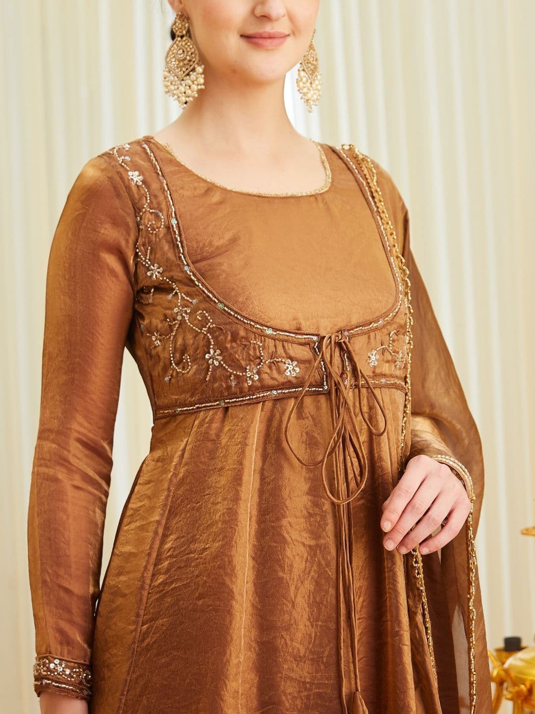 Colors  of Earth Colors of Earth Silk Embroidered Beadswork Anarkali Kurta Palazzo Set With Dupatta thumbnail 6