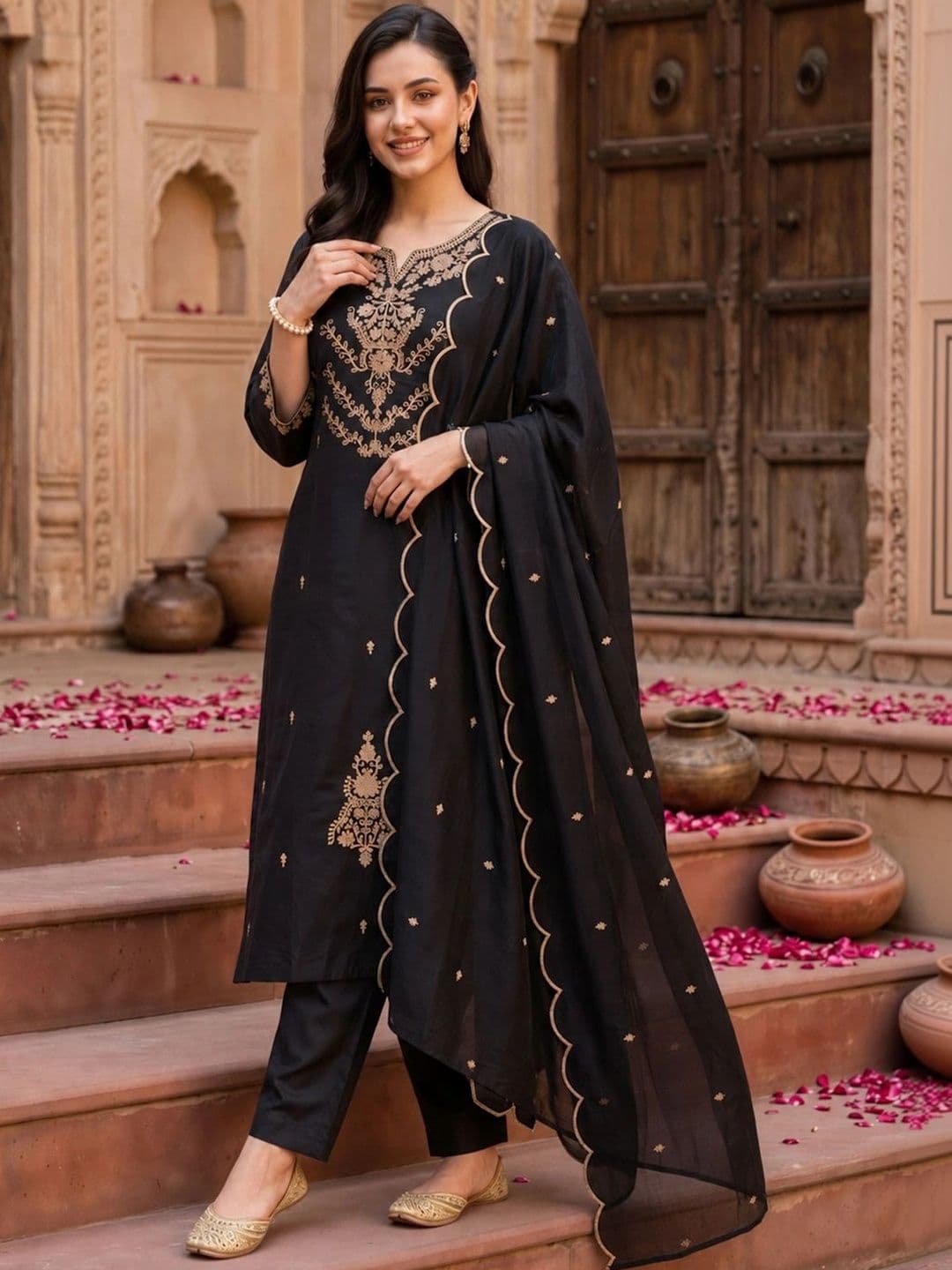 Indo Era Women Ethnic Motifs Embroidered Regular Thread Work Kurta with Trousers & With Dupatta - view 1